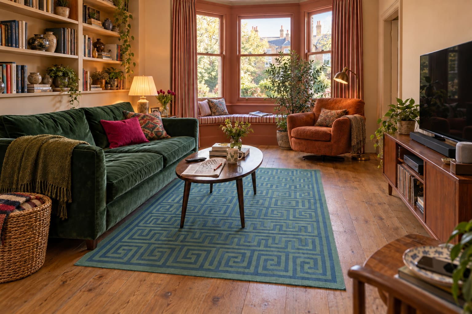 A comfortable green velvet sofa faces a television cabinet in a bay-fronted sitting room, with a blue-and-green rug, orange reading chair and layered lamps.