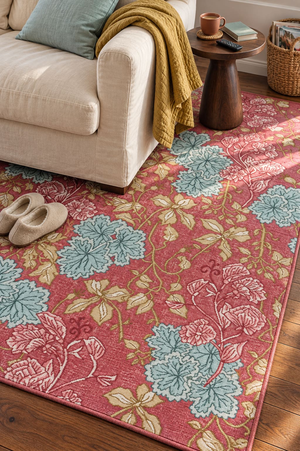 High-angle detail of a red floral flatweave rug beside the edge of a sofa.