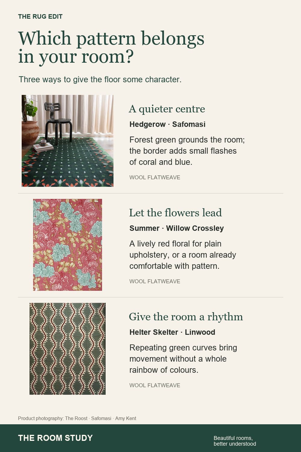 Product photographs of Hedgerow Forest Green, Summer Red and Helter Skelter Green rugs.