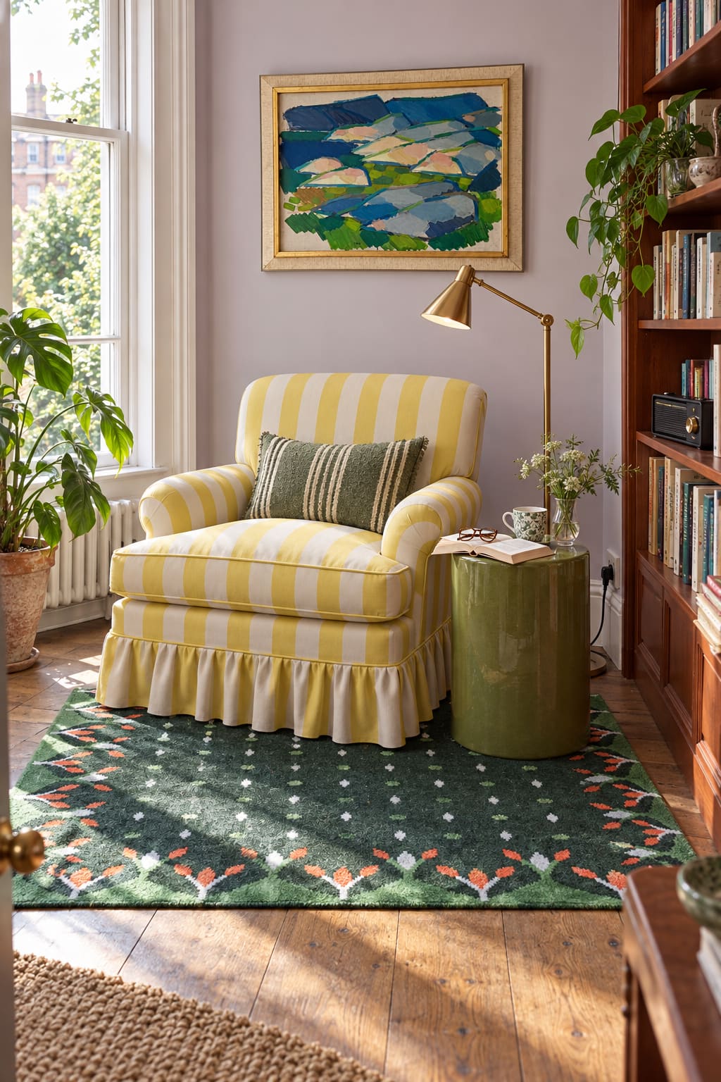A yellow-striped skirted chair, a green patterned rug, a small green side table and a framed blue landscape in a reading corner.