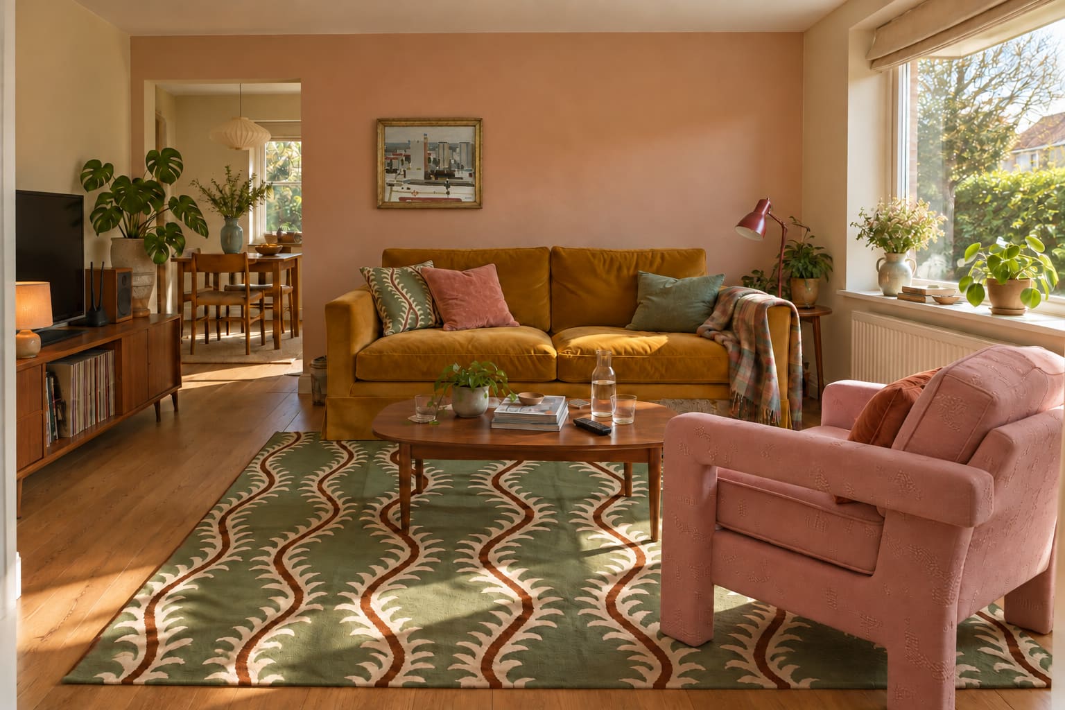 An amber sofa and clay-pink upholstered chair gathered around a green patterned rug in a layered sitting room.