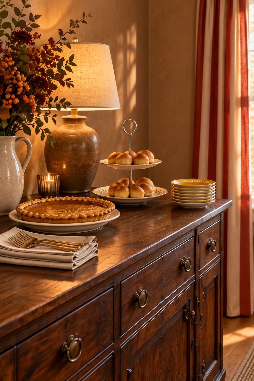 A dark sideboard with a lamp, dessert plates and a two-tier olive-patterned serving stand.