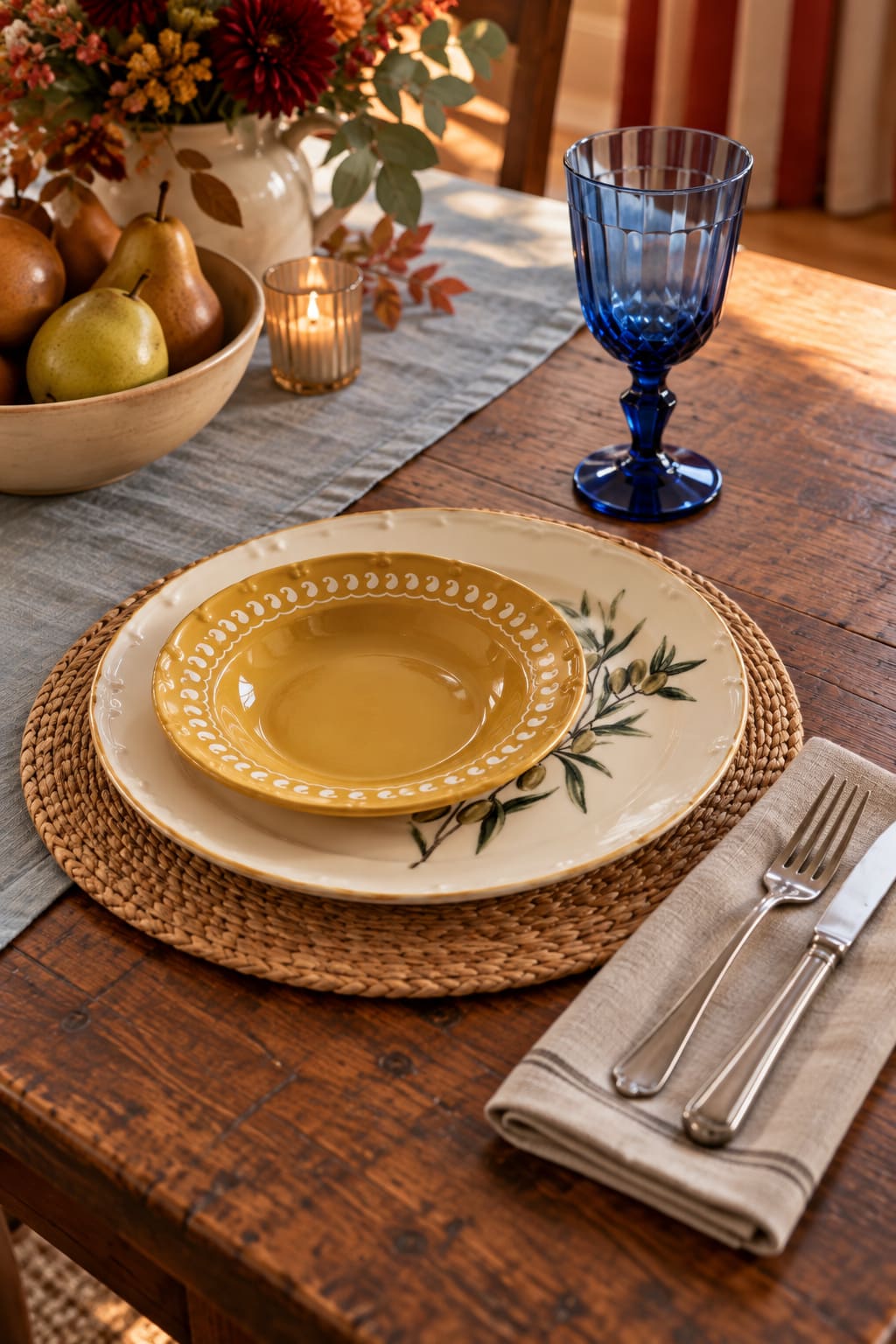 An olive-patterned dinner plate, mustard salad plate and blue goblet on a walnut table.