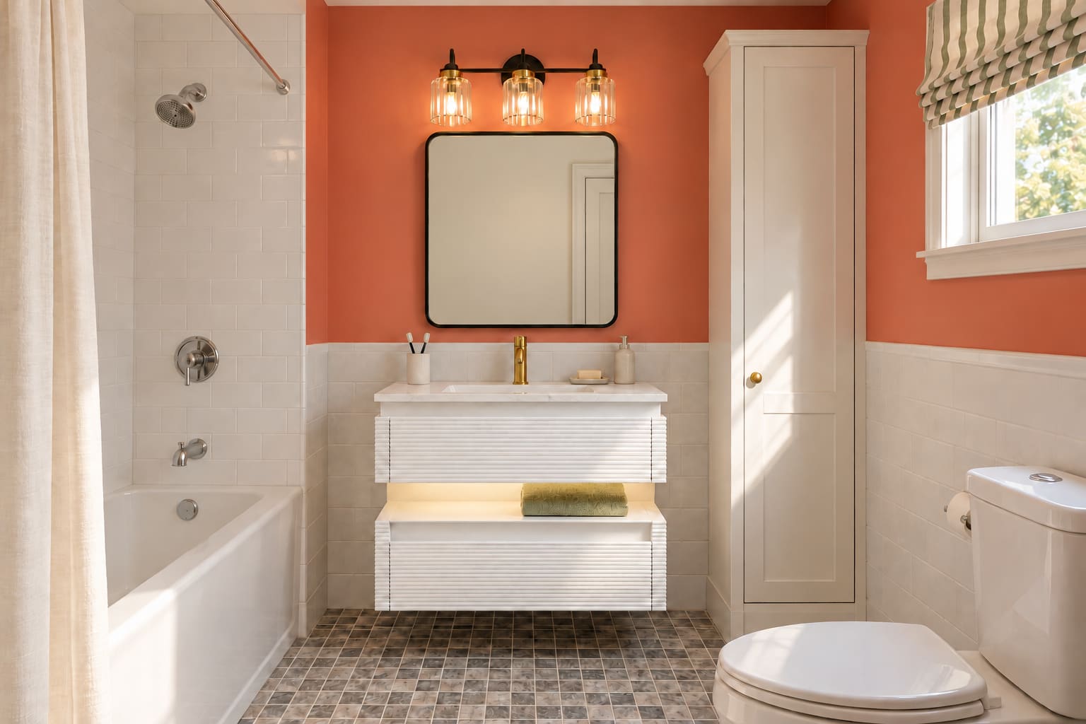 The little bathroom with a proper cupboard in an illustrated US room concept.