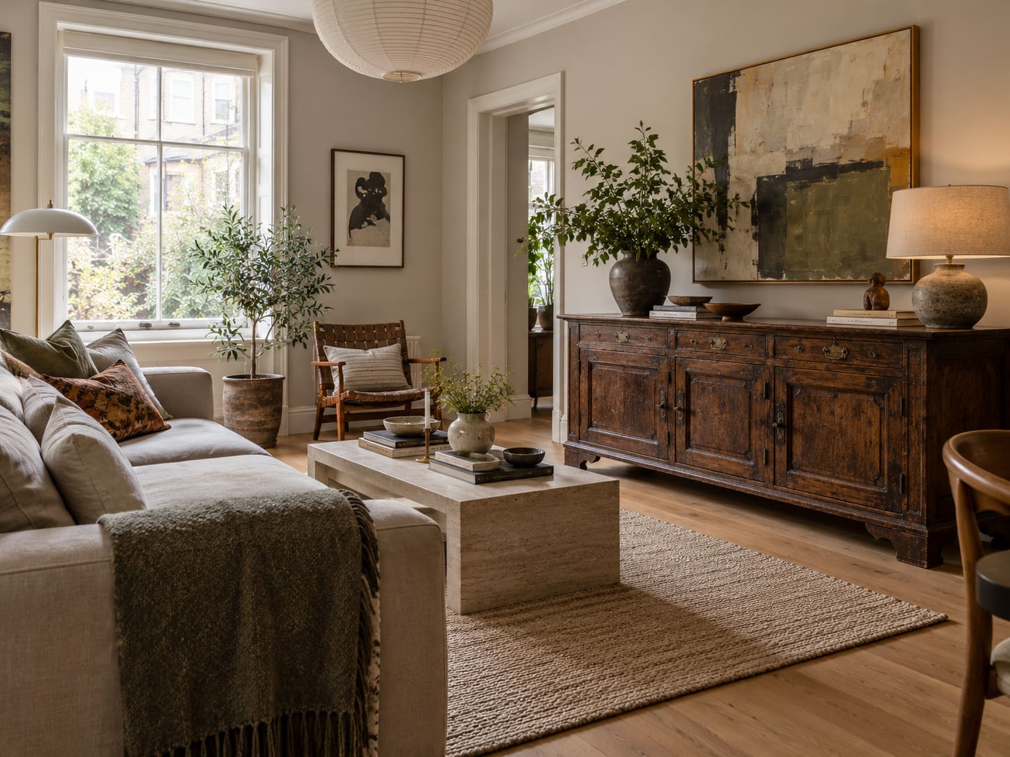 Large dark timber sideboard beneath abstract art, with a pale sofa and rectangular stone coffee table.
