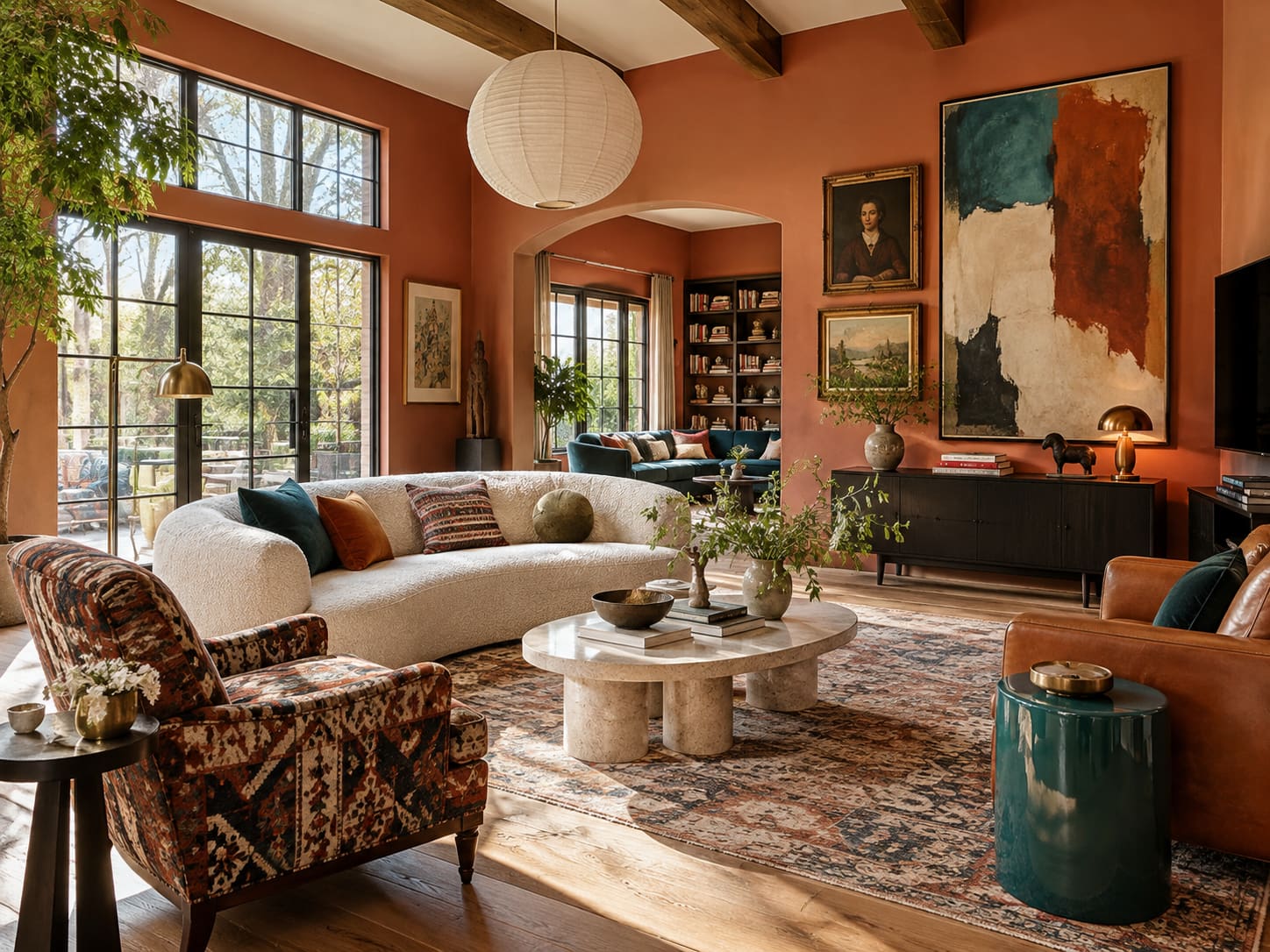 Terracotta living room with a patterned armchair, pale curved sofa, leather seating and large abstract art.
