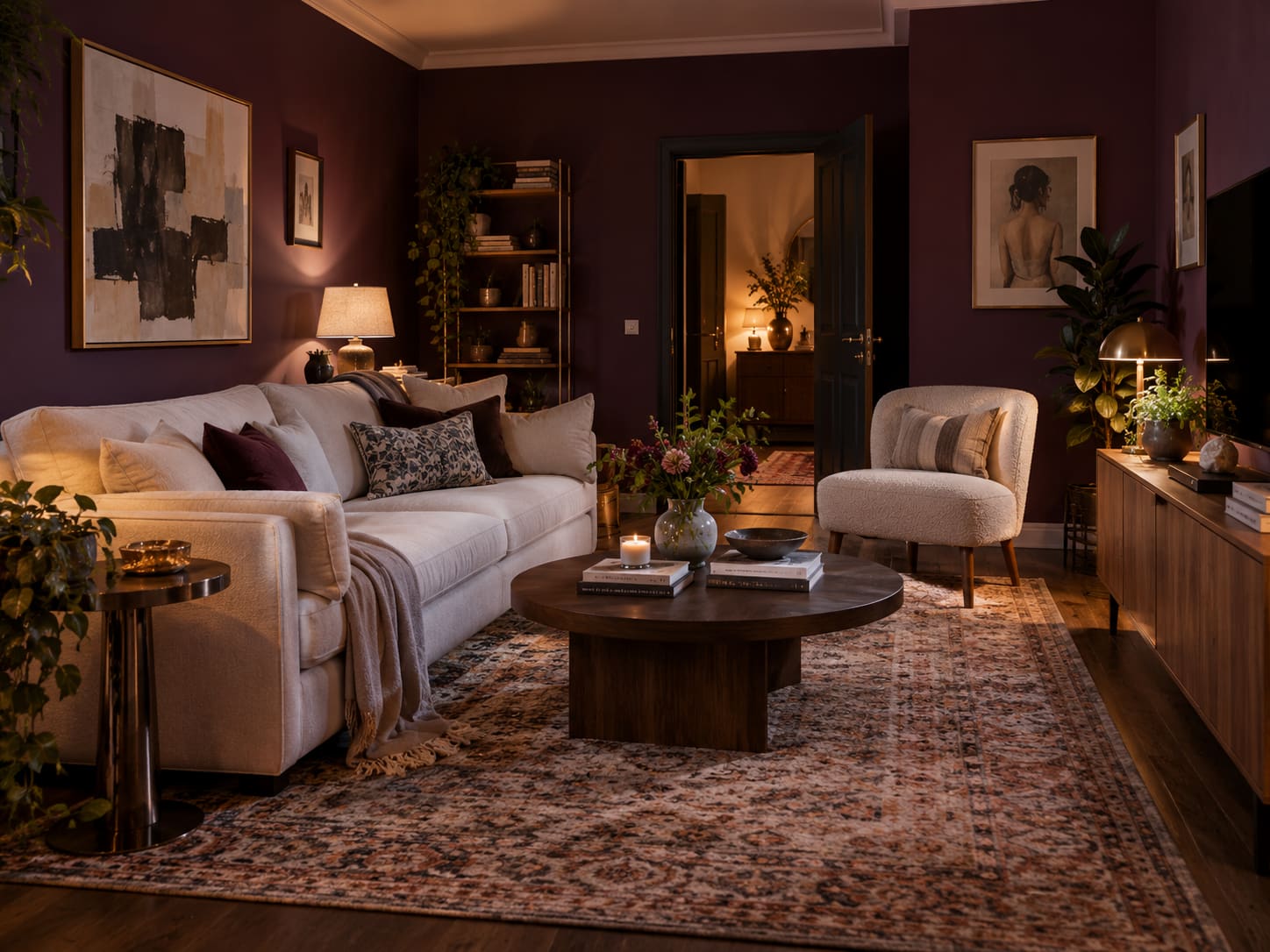 Pale sofa and armchair against aubergine walls, with a timber coffee table and pools of lamplight.