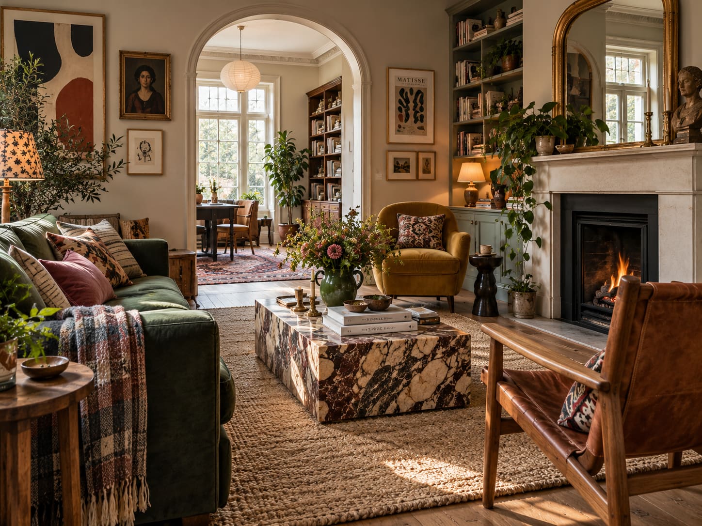 Green sofa, mustard armchair and wood-and-leather seat around a veined stone table, with an arch to a dining room.