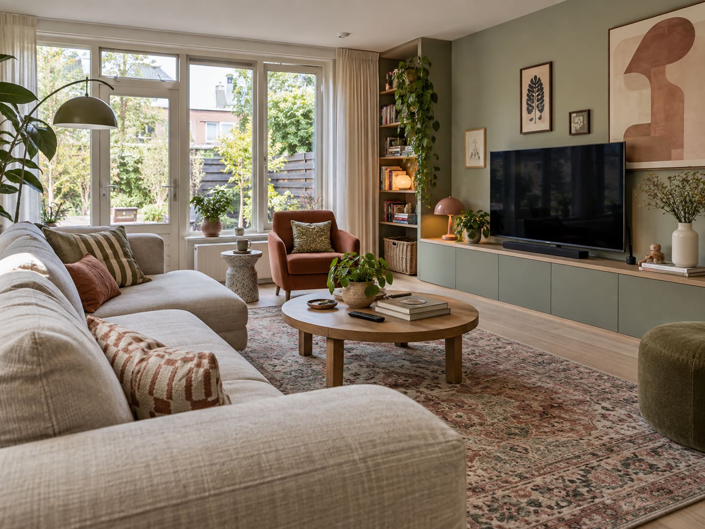 Pale corner sofa facing a television on a sage-green media wall, with bookshelves, plants and a rust armchair.