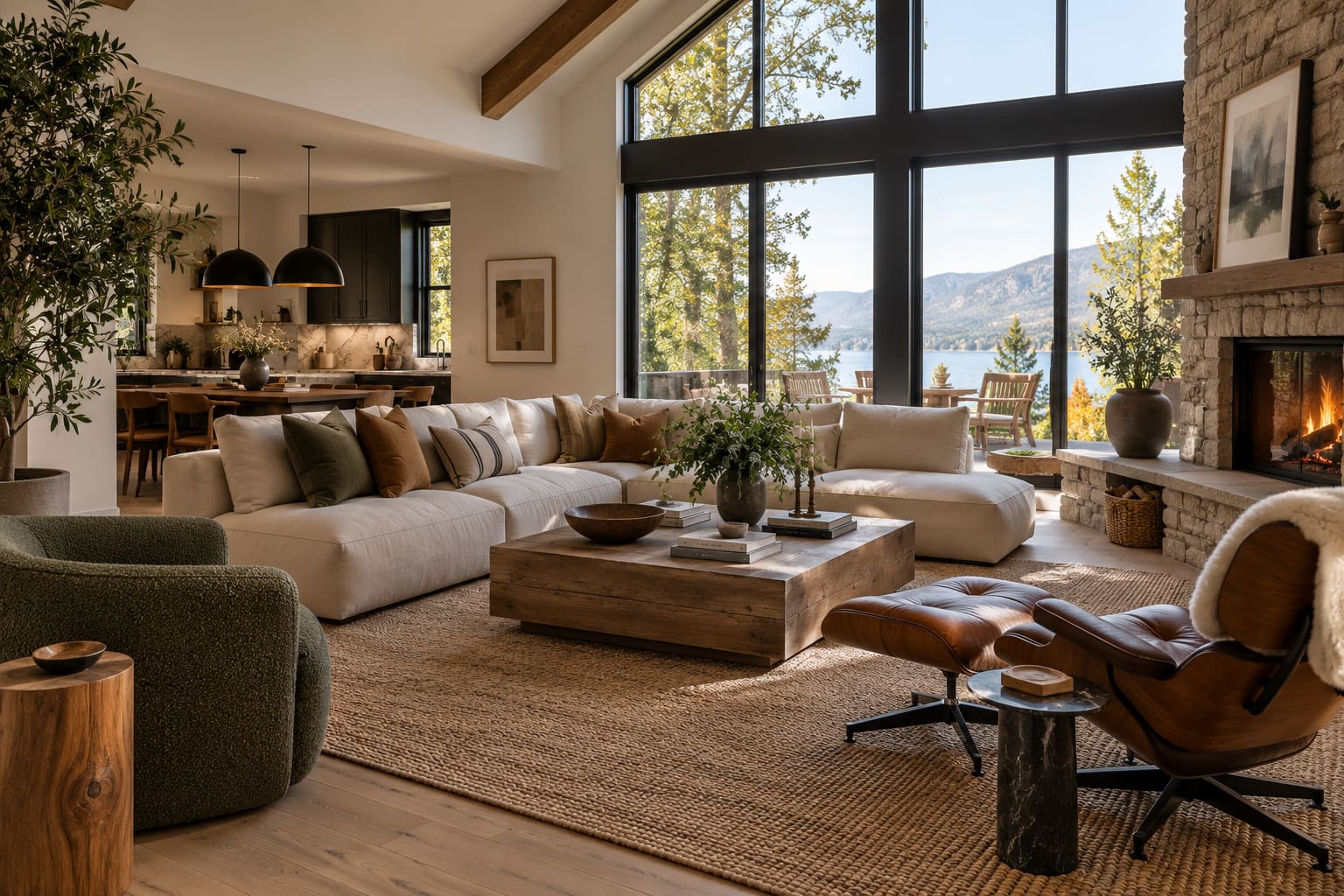 Large pale sectional, leather lounge chair and textured green chair around a timber table beside lake-view windows.