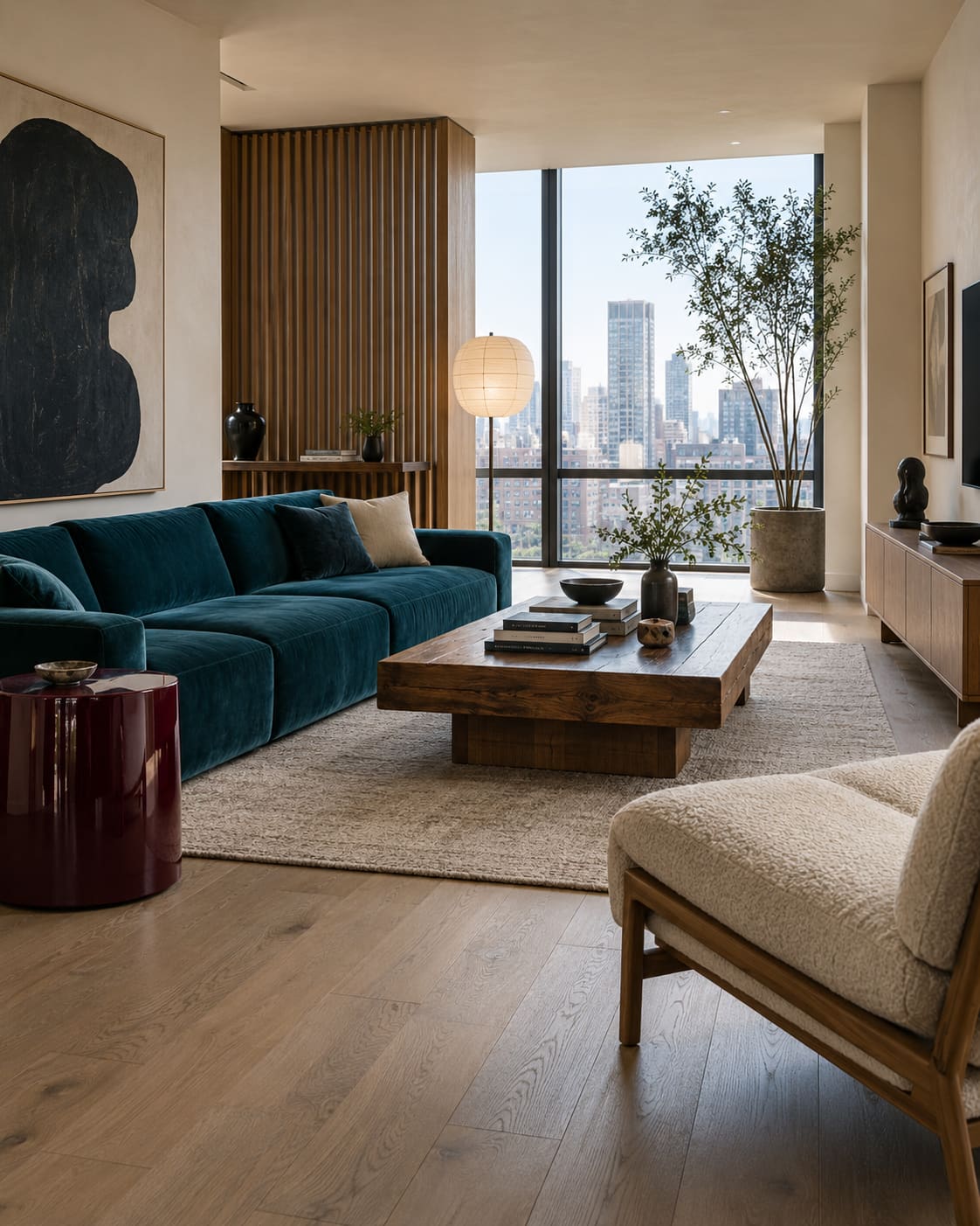 Teal velvet sofa, glossy burgundy side table and grained timber coffee table beside a tall city-view window.