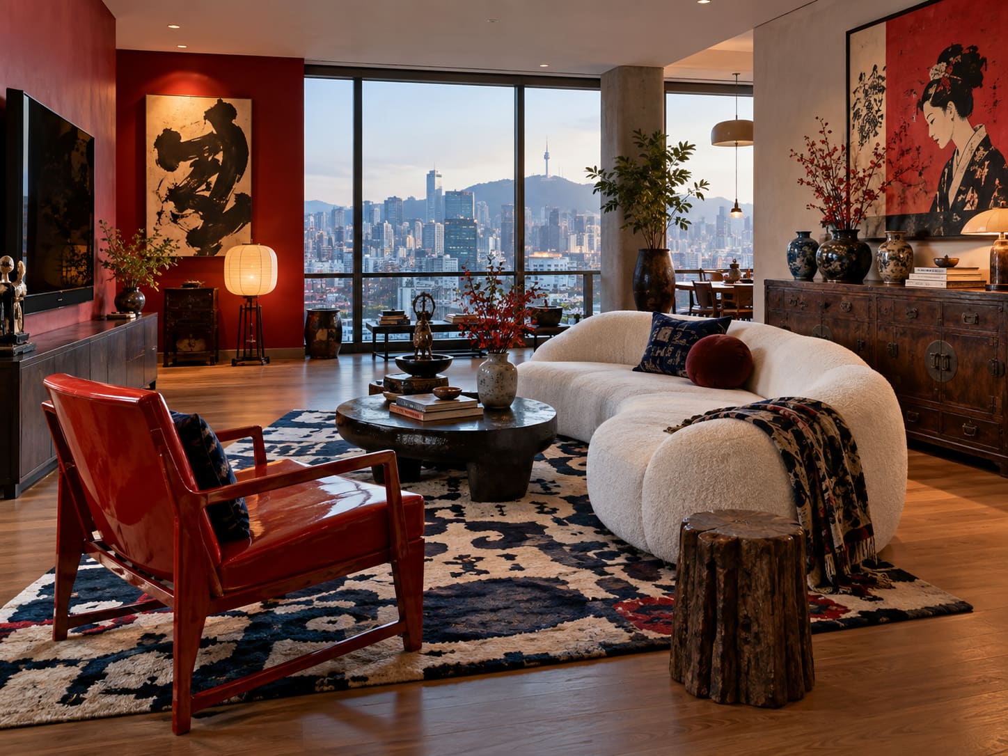 Red lacquered chair and curved pale sofa with dark timber cabinets, ceramics and art against a city skyline.
