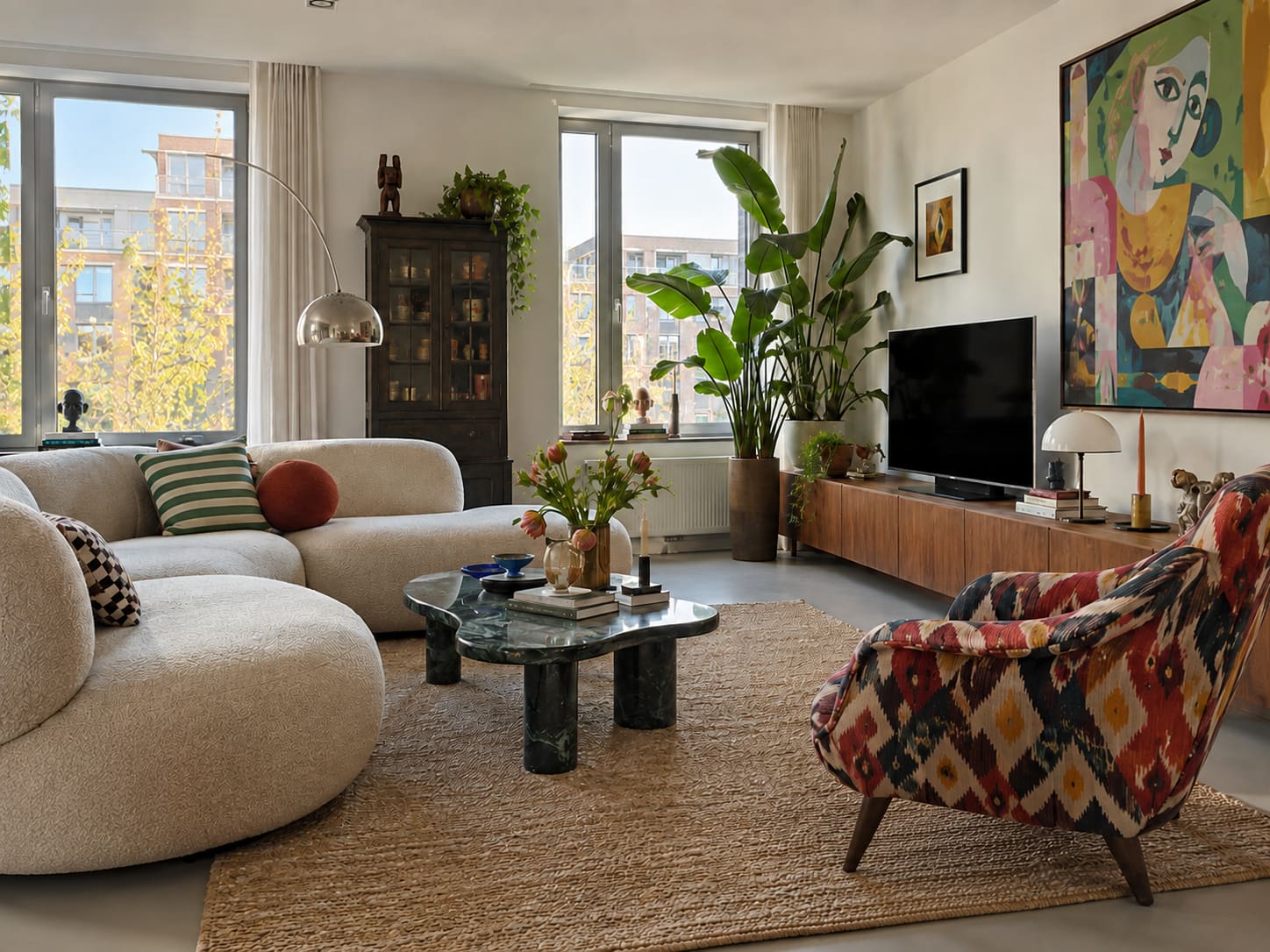 Colourful patterned chair beside a curved pale sofa, green stone table, chrome arc lamp and dark glazed cabinet.