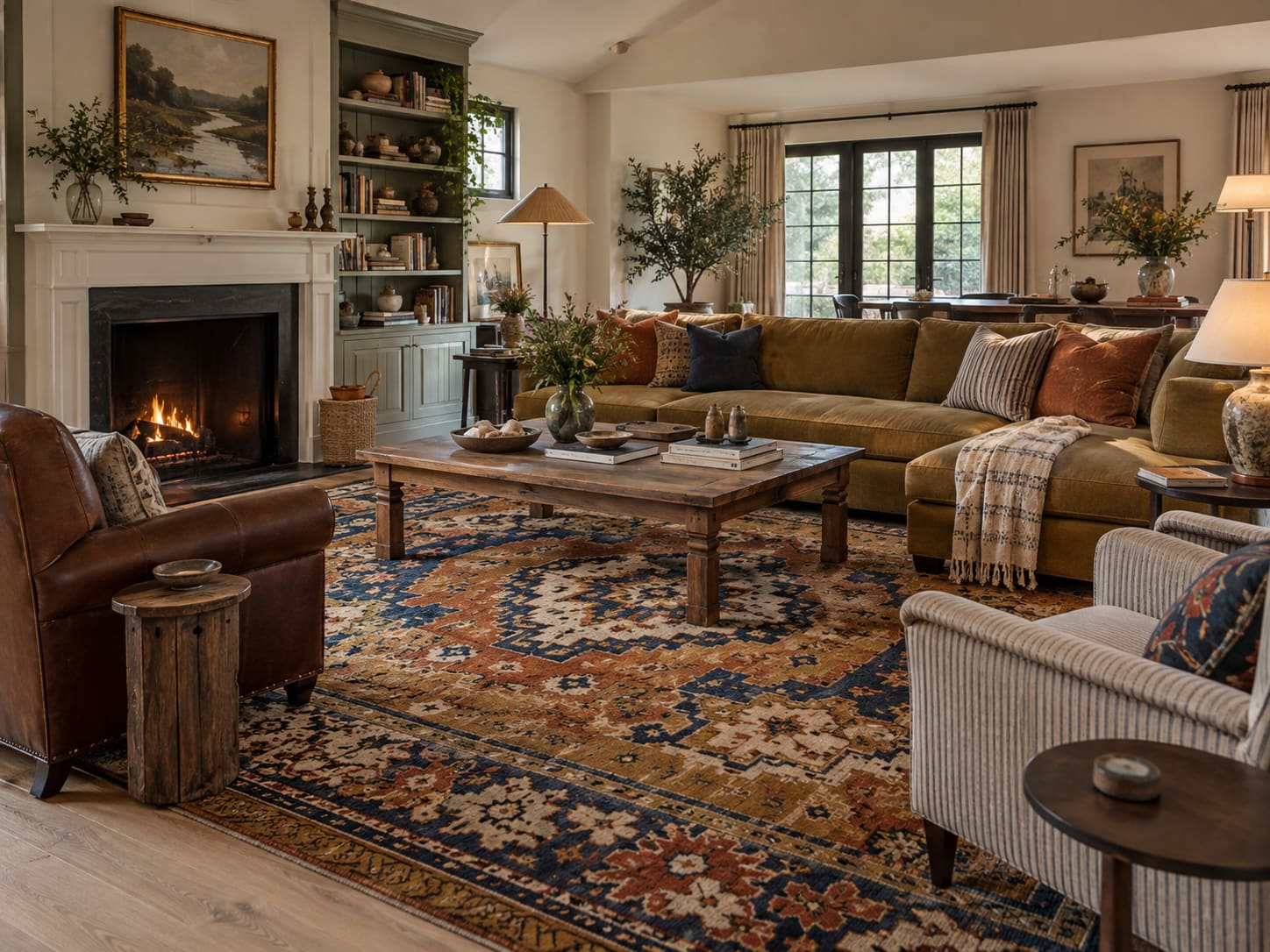 Mustard sectional, leather chair and striped chair arranged over a large rust-and-blue patterned rug.