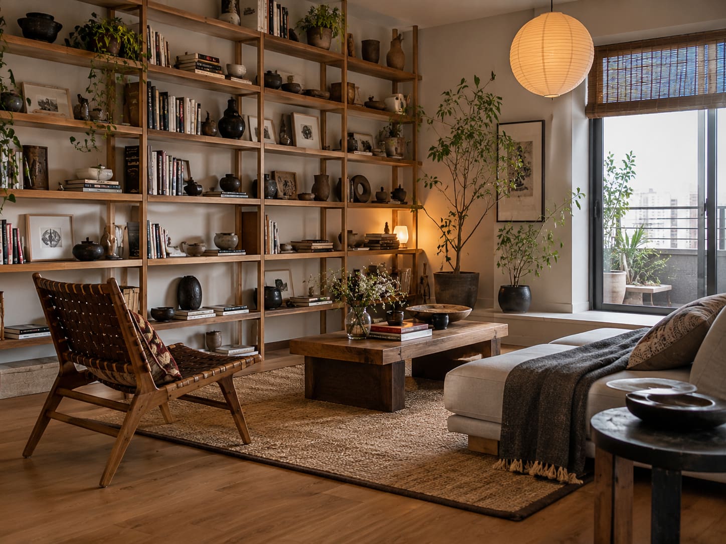 Wall-wide timber shelves holding books, ceramics and framed art behind woven seating and a low timber table.