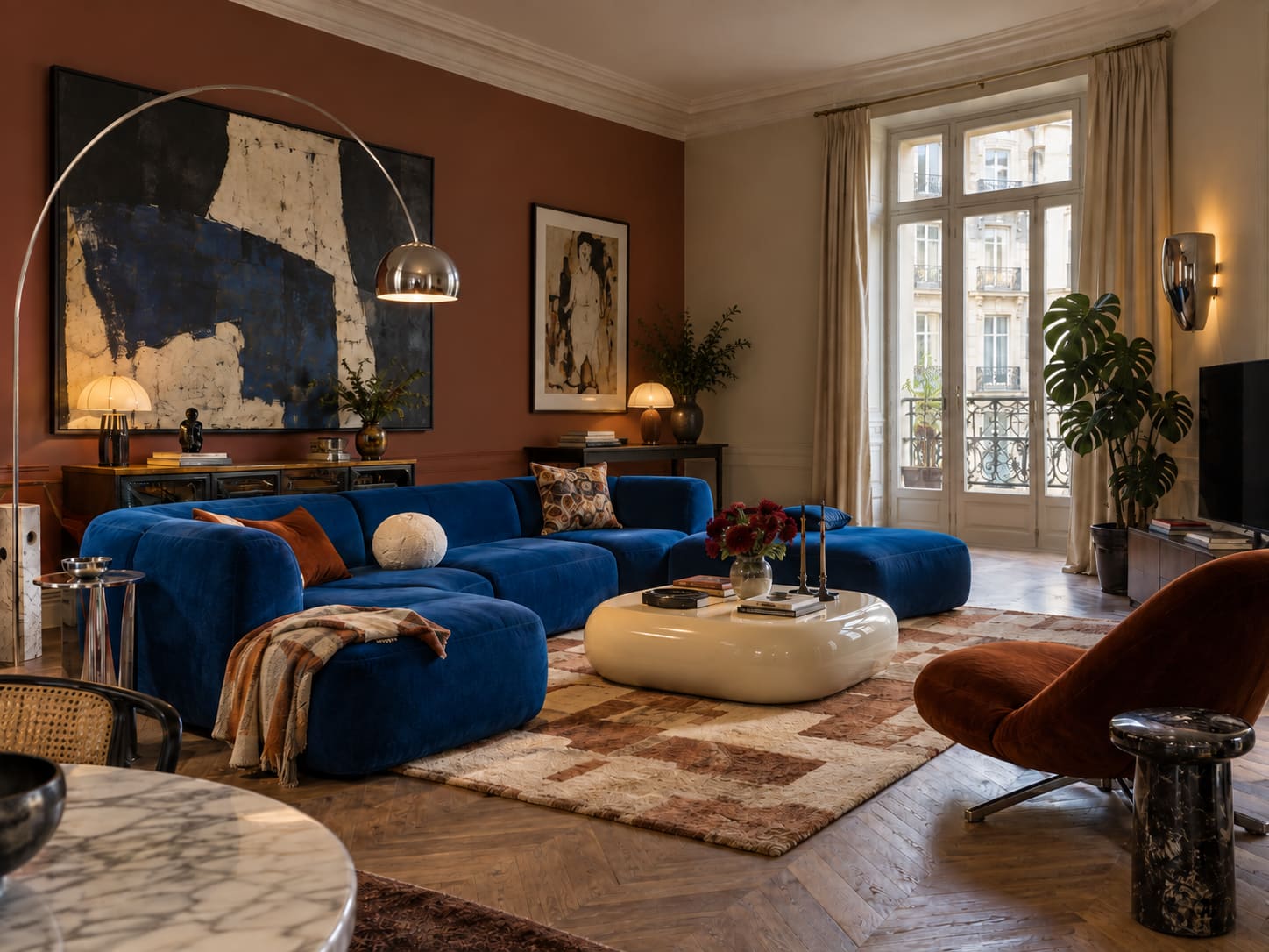 Cobalt modular sofa, glossy cream table and chrome arc lamp in a room with cornicing, parquet and tall balcony doors.