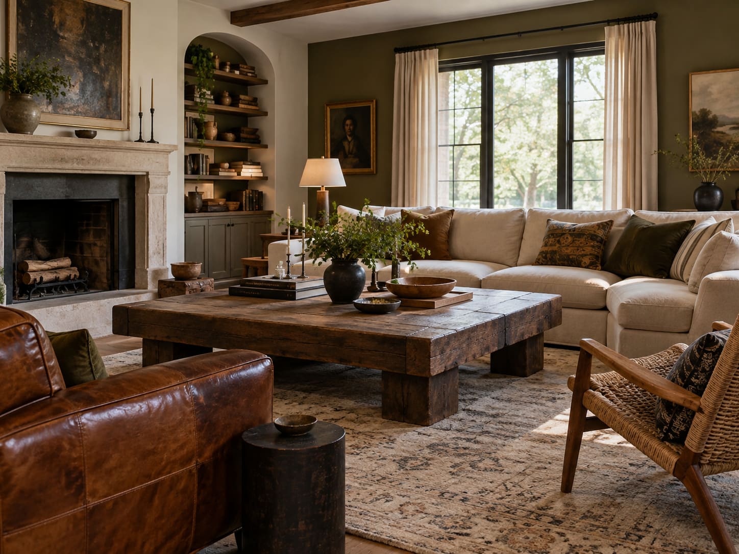 Broad timber coffee table connecting a pale sectional, leather chair and woven chair in a spacious living room.