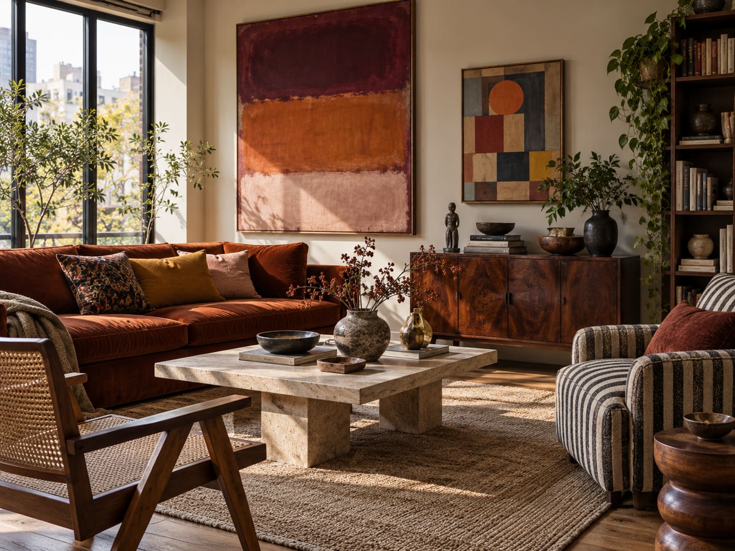Rust sofa beneath colour-field art beside a smaller geometric painting, with a striped chair and stone table.