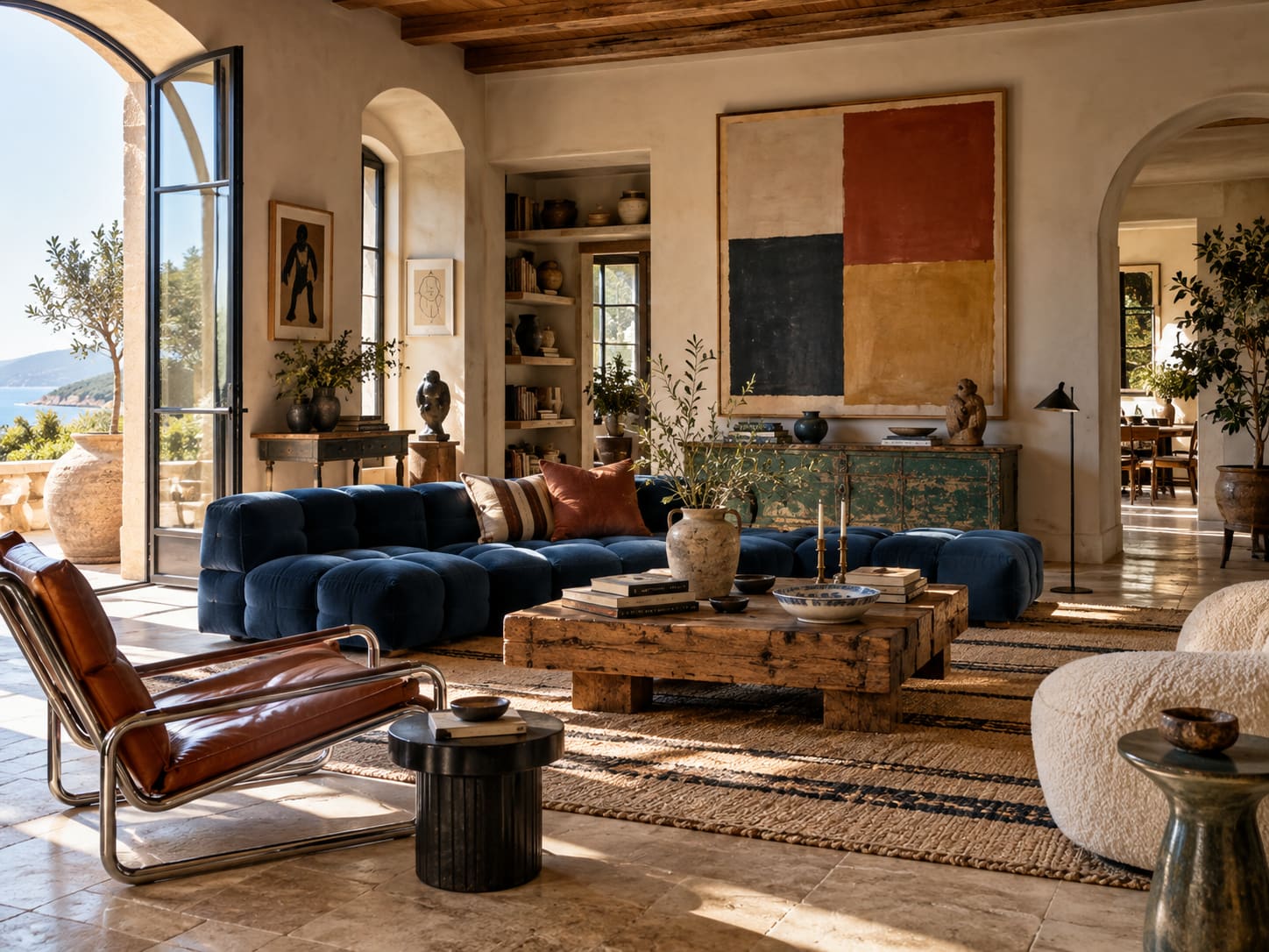 Deep blue tufted sofa, chrome-framed leather chair and textured timber table in a stone-floored room with arched openings.