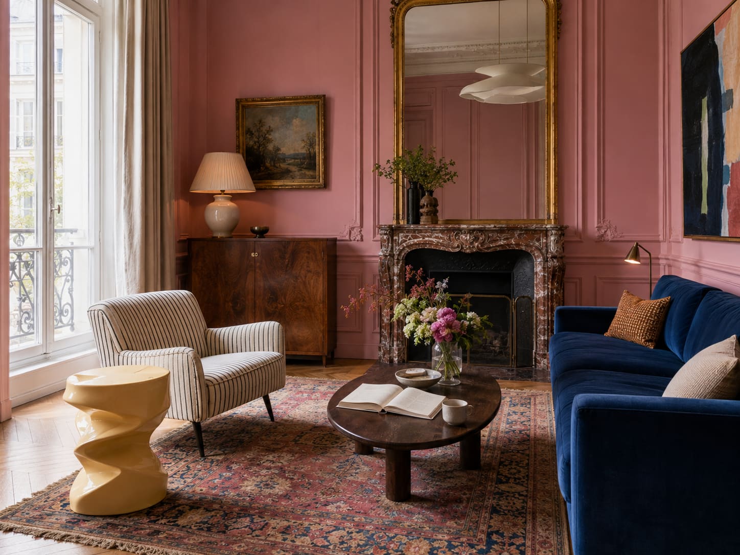 Glossy yellow sculptural stool beside a striped chair in a pink living room with a deep blue sofa, marble fireplace and gilt mirror.