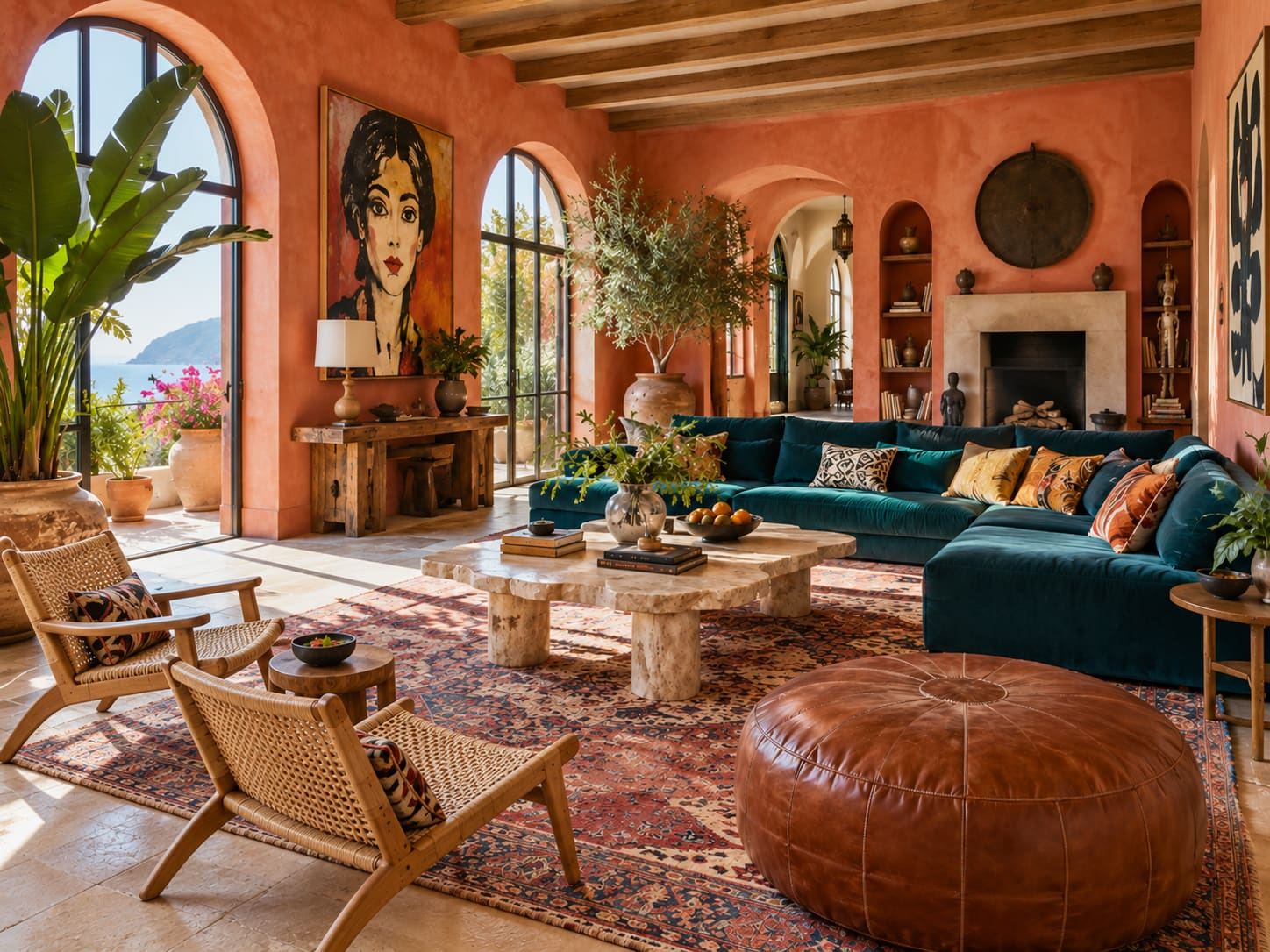 Teal sectional, cane chairs and a large leather pouffe beneath timber beams in a coral-walled room with arched windows.