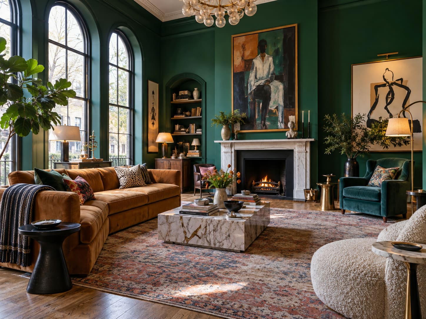 Ochre sofa and deep green armchair in an emerald-walled room with tall arched windows and a marble fireplace.