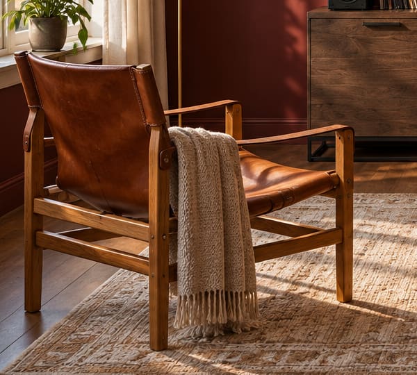 Detail of a brown leather and teak chair with a woven throw beside a sunlit window in the oxblood listening room.
