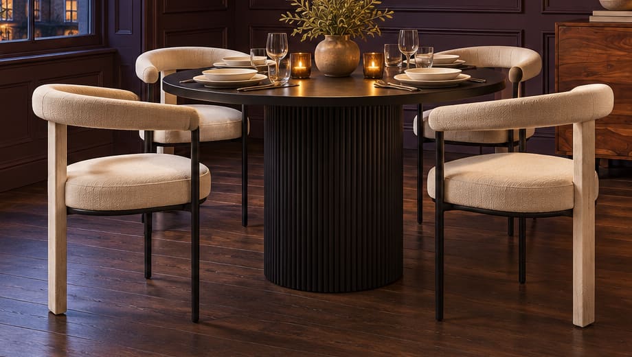 Four cream upholstered chairs around a black fluted pedestal dining table, with warm candlelight and aubergine walls.