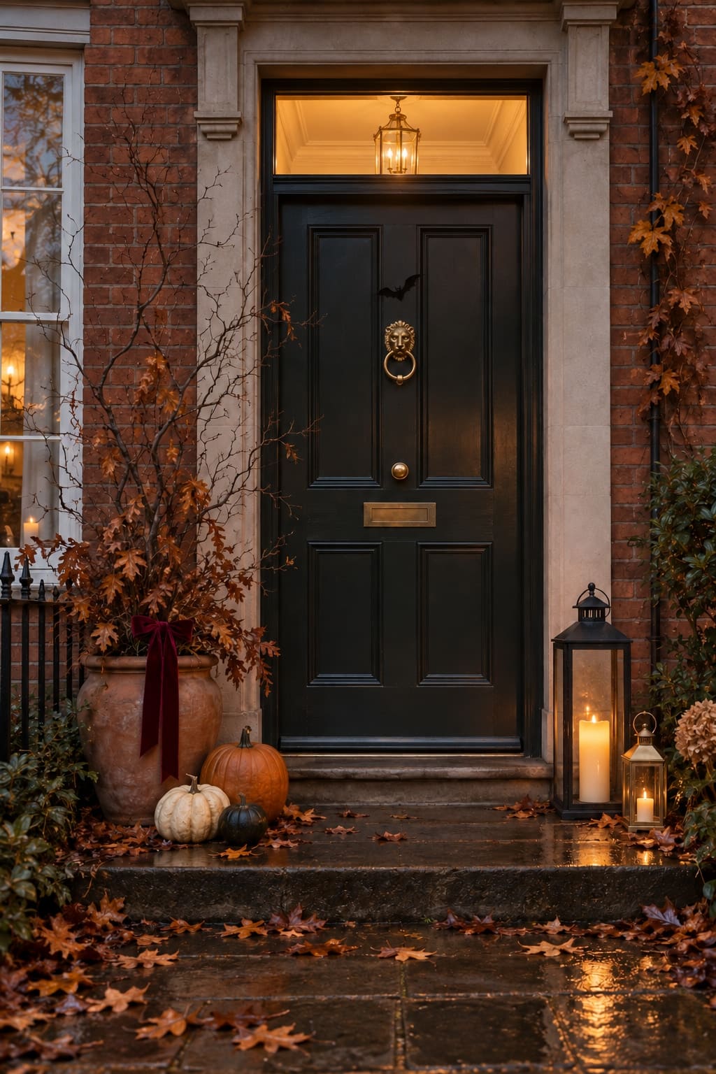 A dark door, copper leaves and three squash make the entrance feel dressed. The middle of the step stays clear.