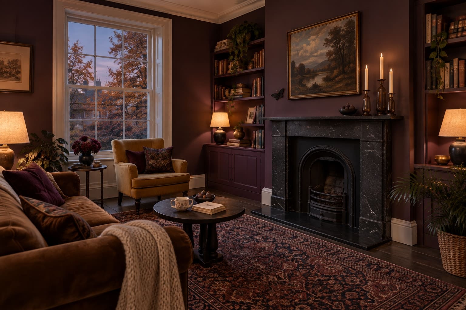 Brown velvet and aubergine walls supply the depth. Halloween is a small addition to a room that already works.