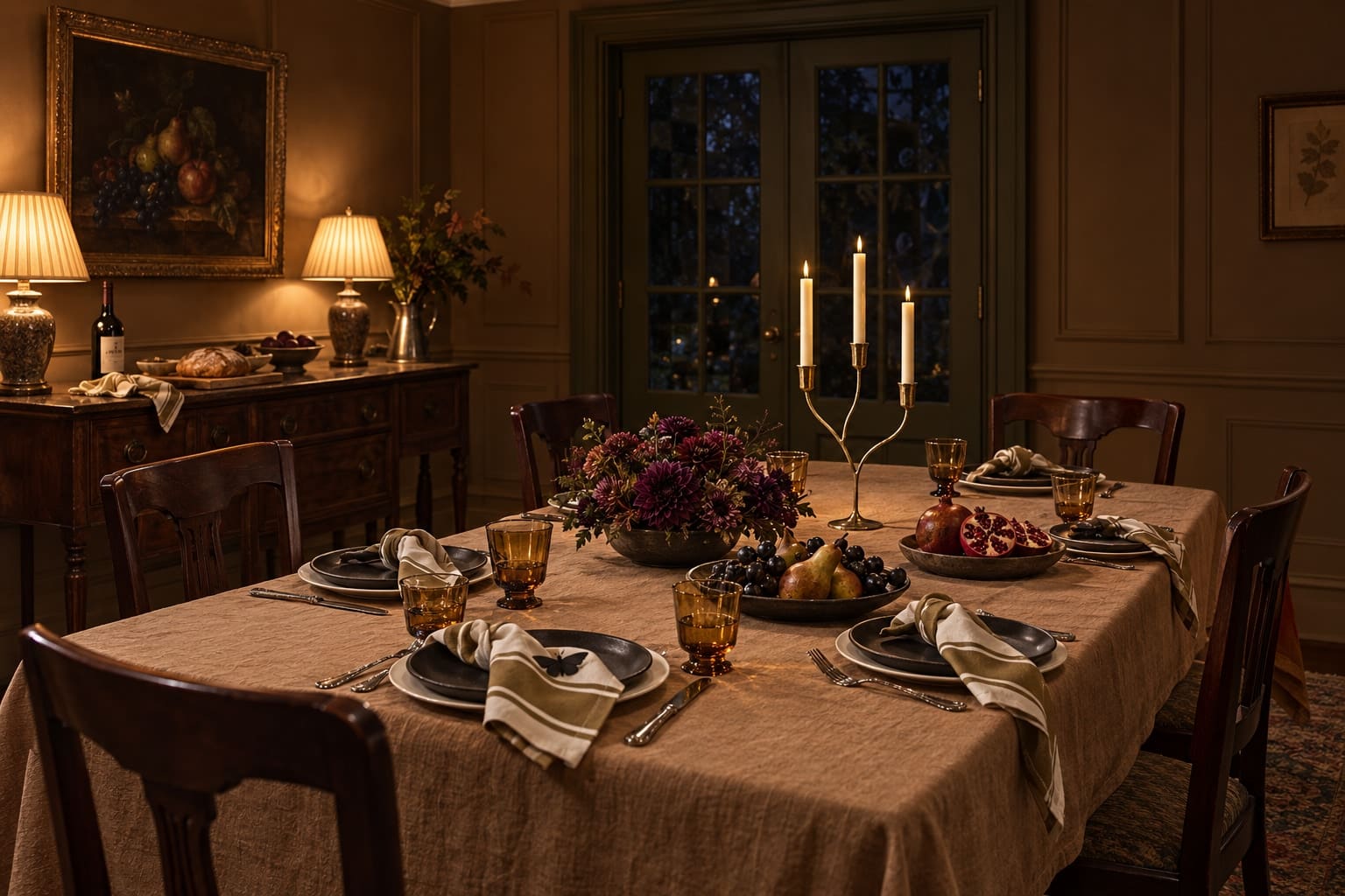 Dark flowers and fruit share the table with amber glass and striped napkins, leaving room for supper.