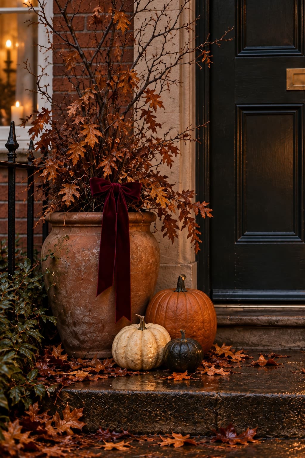 An old terracotta pot gives the branches some weight; oxblood velvet repeats the colour of the autumn leaves.