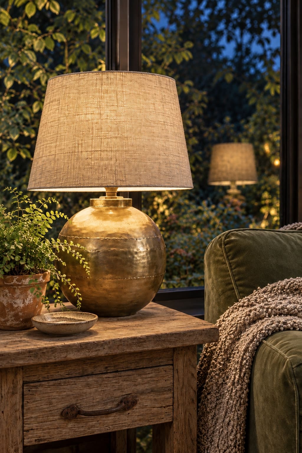 Brass, linen and leaves beside the sofa: a corner that can stay long after the paper decorations come down.