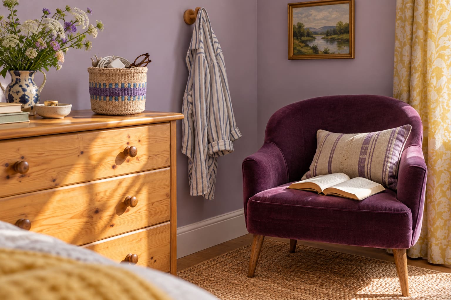 Lilac bedroom corner with a plum chair, a shirt on a wall hook, a pine chest and a small striped basket.