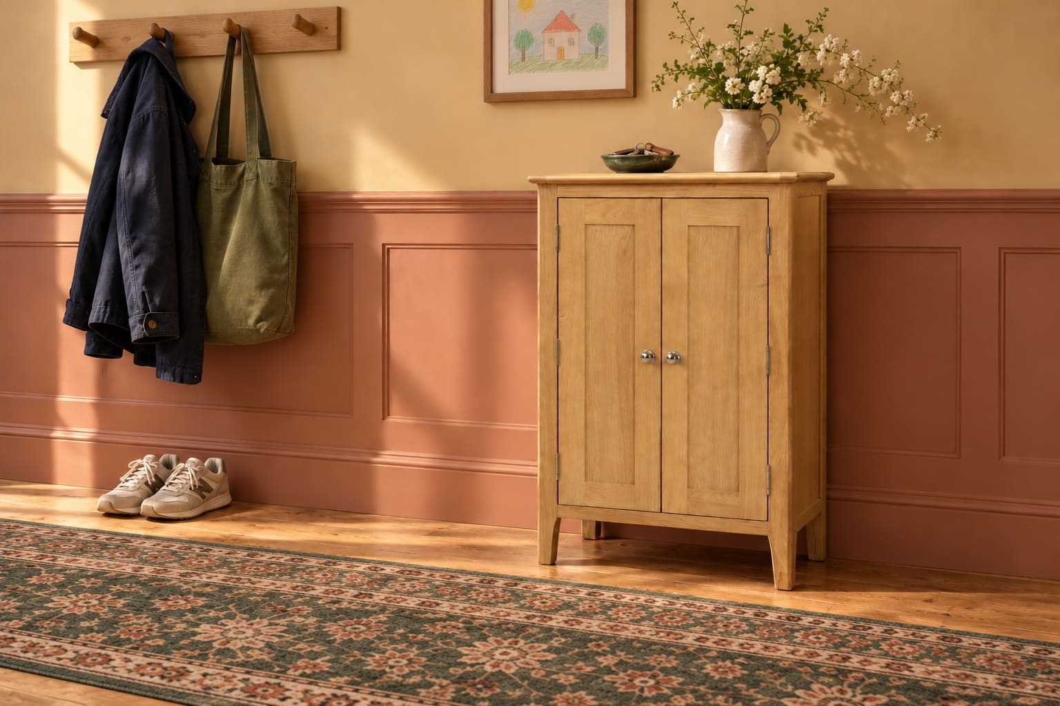A close view of hall storage against an ochre and terracotta panelled wall: an oak shoe cupboard, coat and canvas bag on hooks, trainers and a dish for keys.