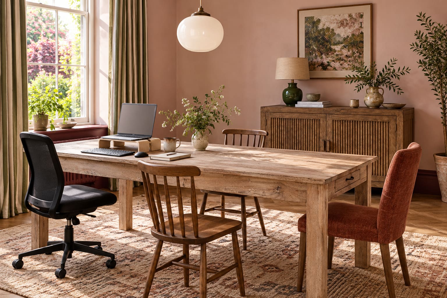 The same pink dining room by day, with a laptop on a riser, separate keyboard and mouse and a task chair beside the timber dining table.