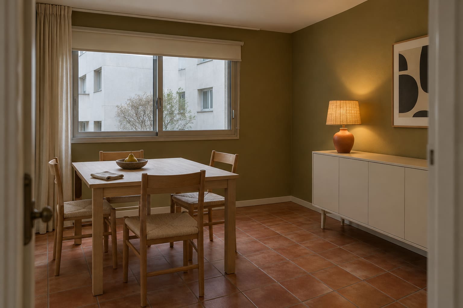 Modest apartment dining room with olive walls, a shaded courtyard window, pale timber table, cream sideboard and terracotta floor.