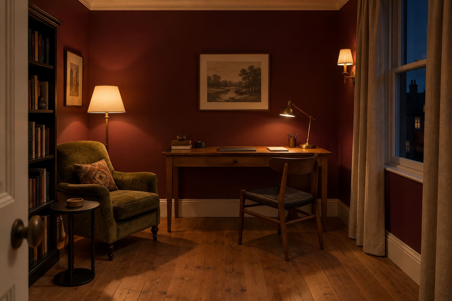 Burgundy study at night with an oak desk against a flat wall, a green reading chair and warm task, floor and wall lights.