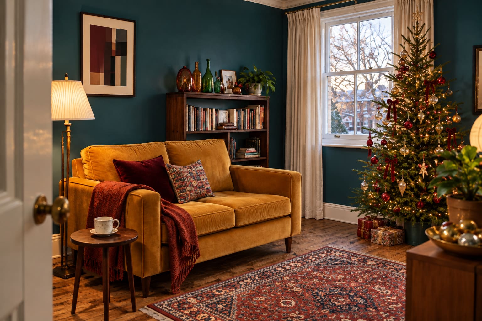 A compact teal sitting room with an ochre sofa, a narrow Christmas tree to the right of the window and clear floor space in front of the seats.