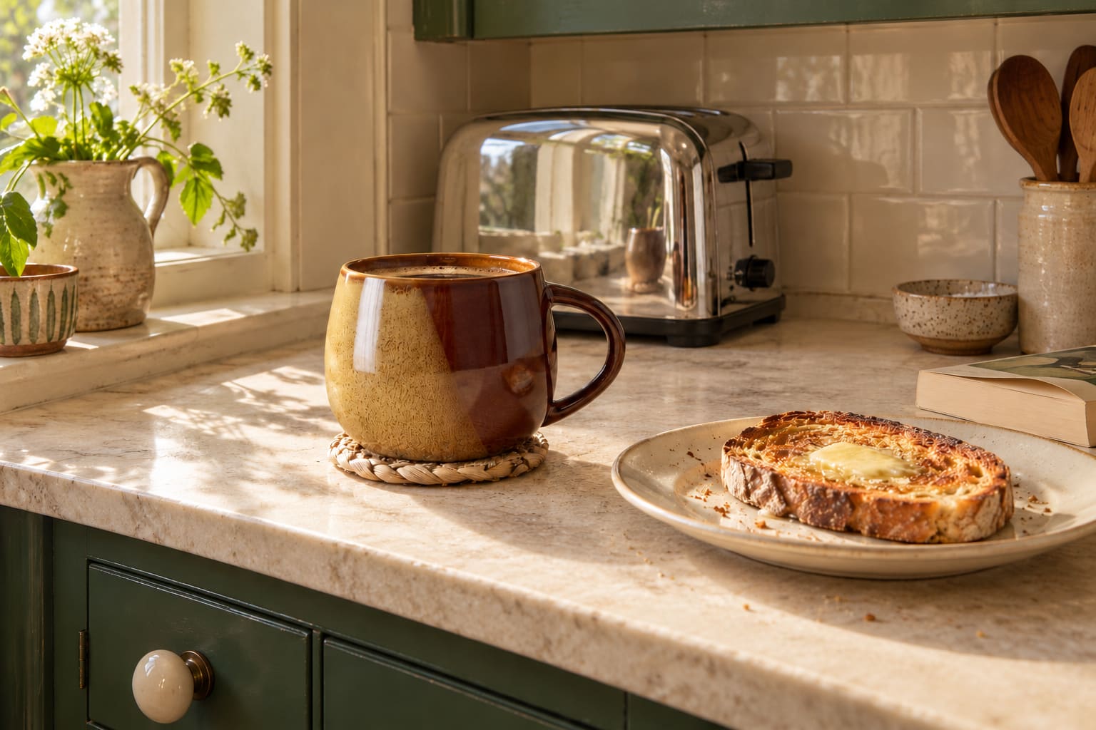 Butter melting into toast beside a mustard-and-brown mug and chrome toaster on a pale kitchen worktop.