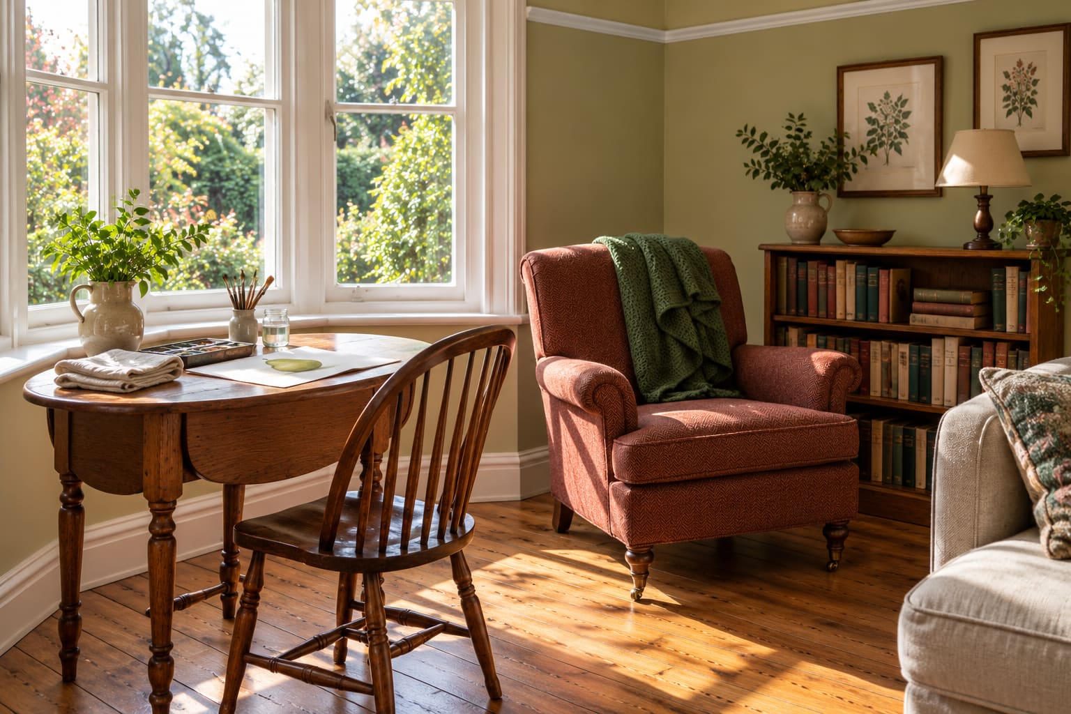 A bay-window sitting room with a rust armchair, green throw and small wooden table holding a pear watercolour and paintbrushes.