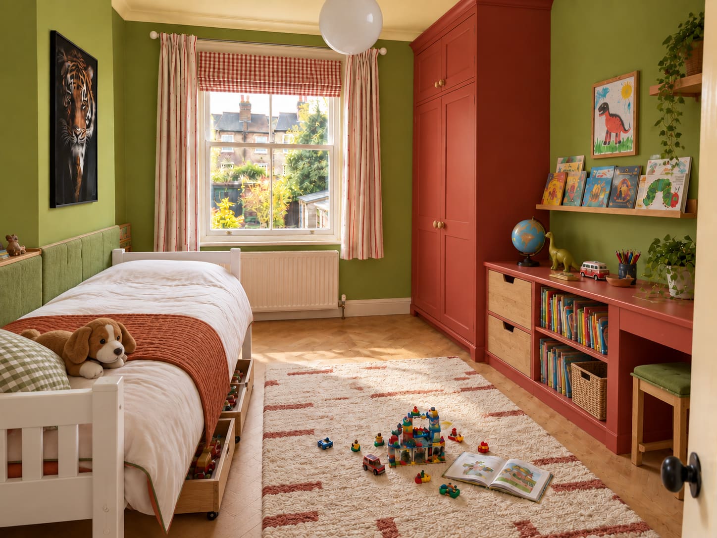 Apple-green child’s bedroom with tomato-red fitted wardrobe and low storage, white single bed, tiger artwork, red gingham blind and a drawing ledge.