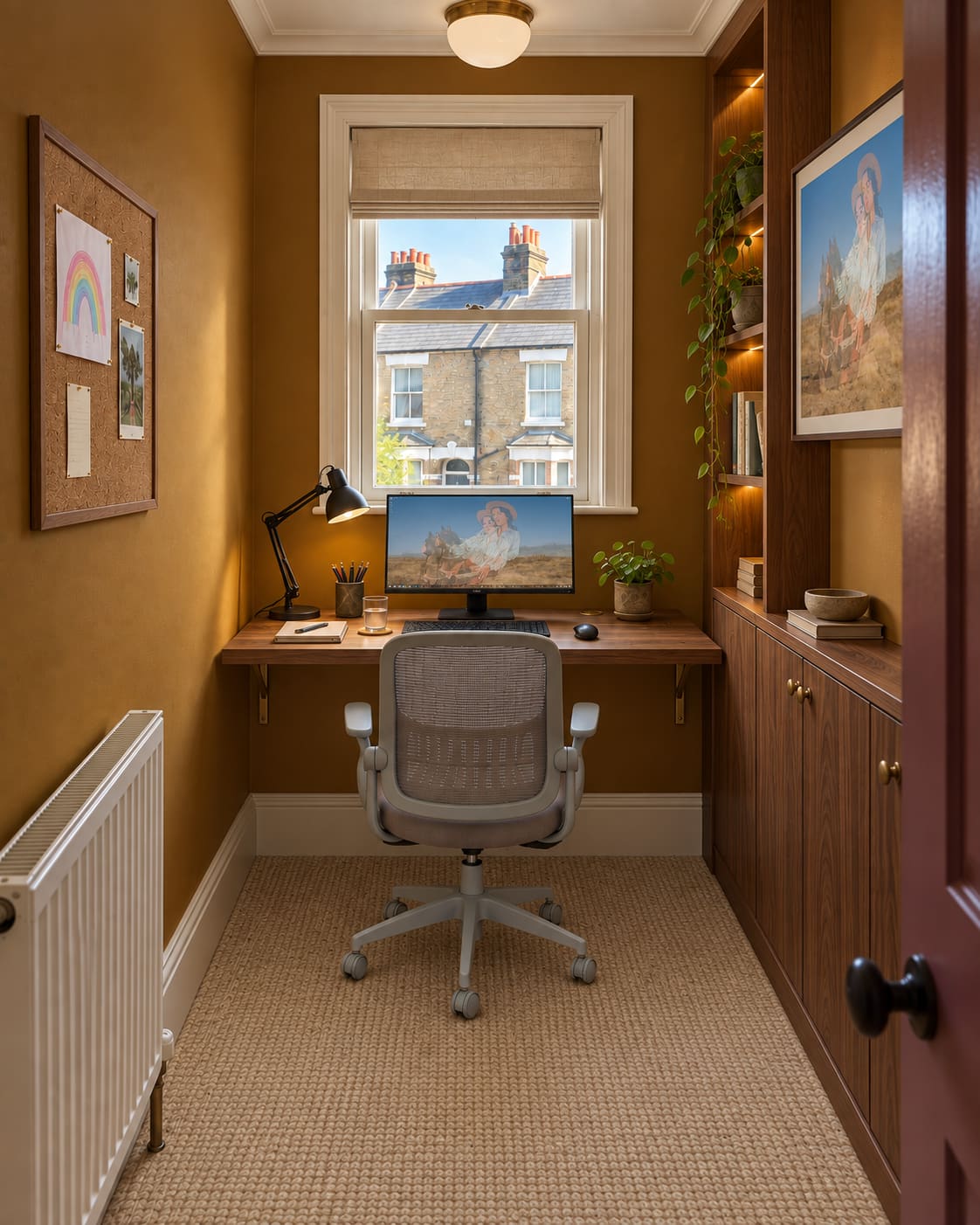 Compact tobacco-coloured study with fitted walnut desk and cabinetry, grey mesh office chair, street-facing sash and adjustable task lighting.