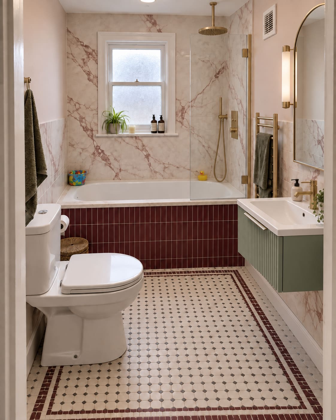 Compact bathroom with burgundy tiled bath panel, cream and wine-veined porcelain, green fluted wall-hung vanity and brushed-brass shower fittings.