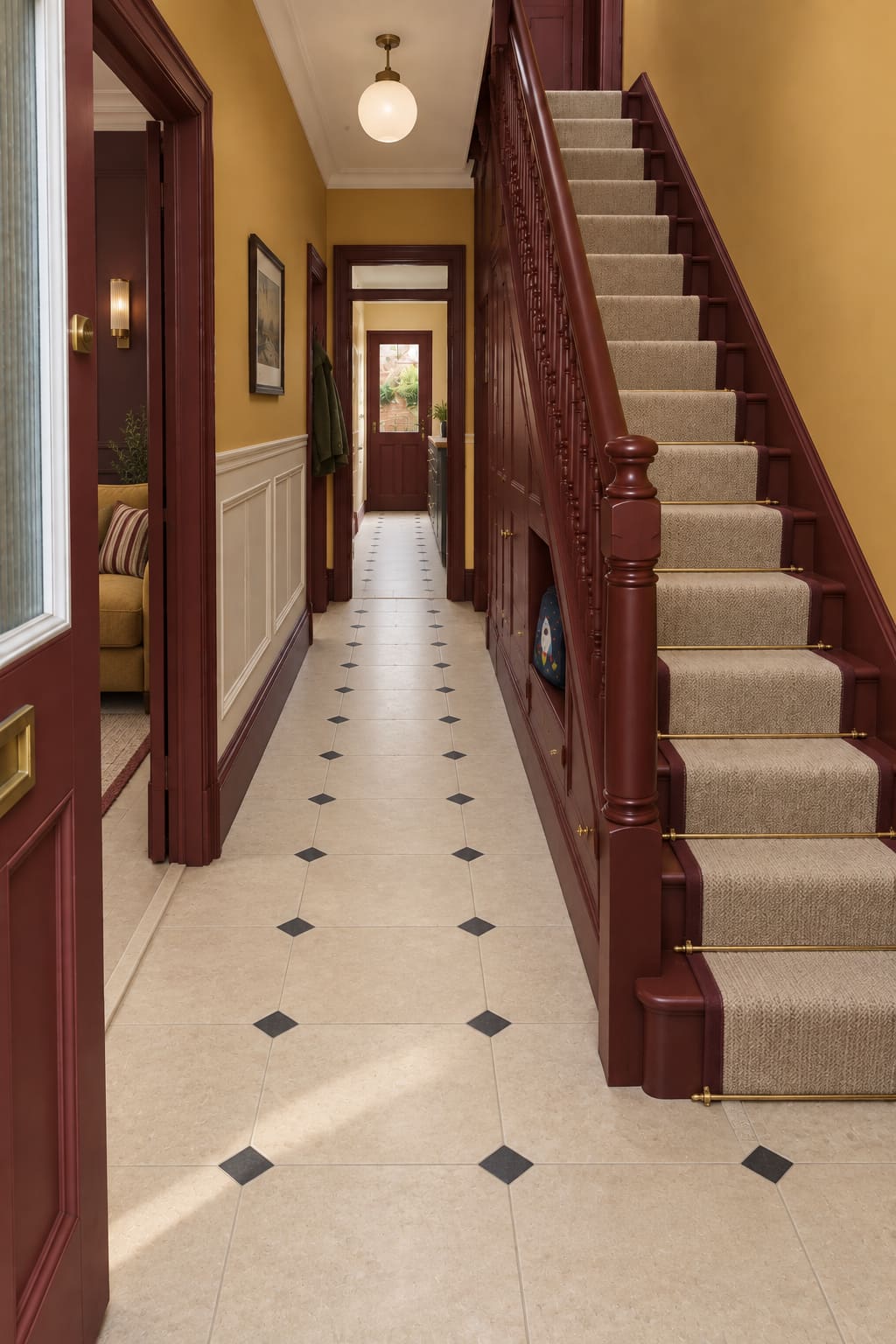 Victorian entrance hall with ivory and charcoal stone flooring, oxblood stairs, a fitted wool runner, cream panelling and golden walls.