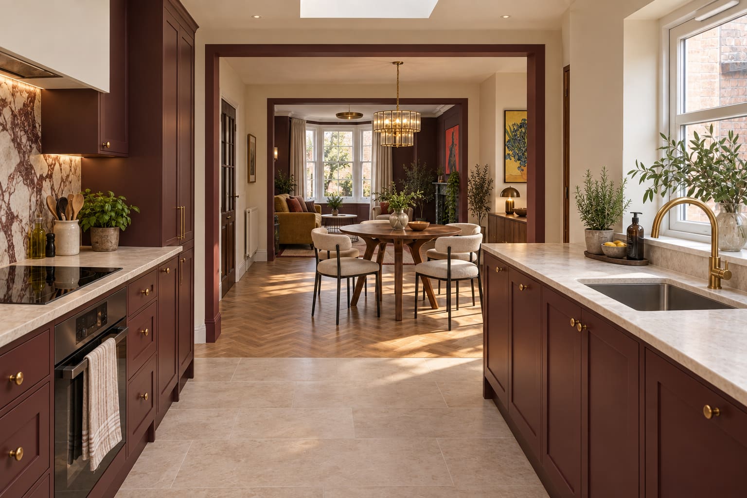 Oxblood fitted galley kitchen with pale stone worktops and rooflight, looking past a round walnut dining table through the new opening to the original front bay.
