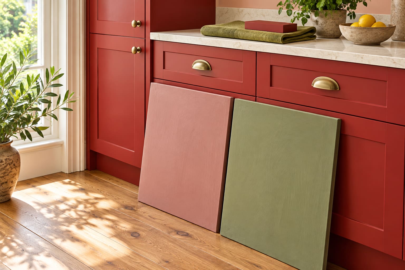 Large rose and olive paint sample boards beside red kitchen joinery and oak flooring, with material samples on the worktop.