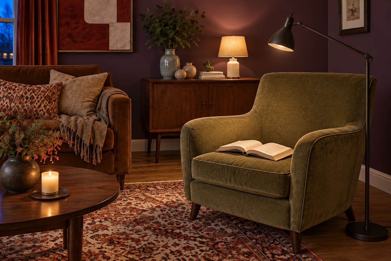 An olive reading chair with an open book and adjustable task lamp, with a shaded lamp illuminating the sideboard behind.