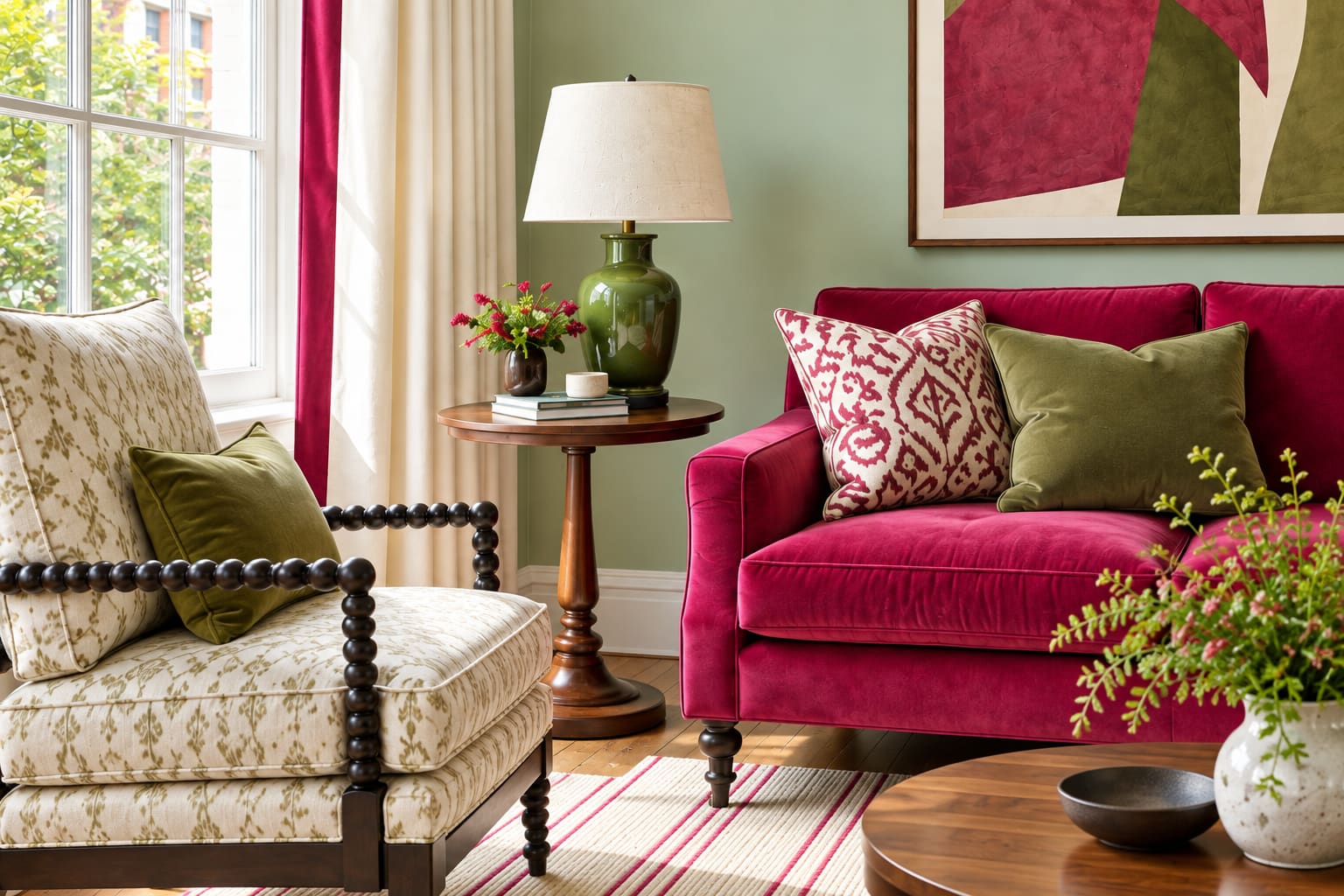 Detail of the raspberry sofa, patterned bobbin chair and green ceramic lamp beside linen curtains.