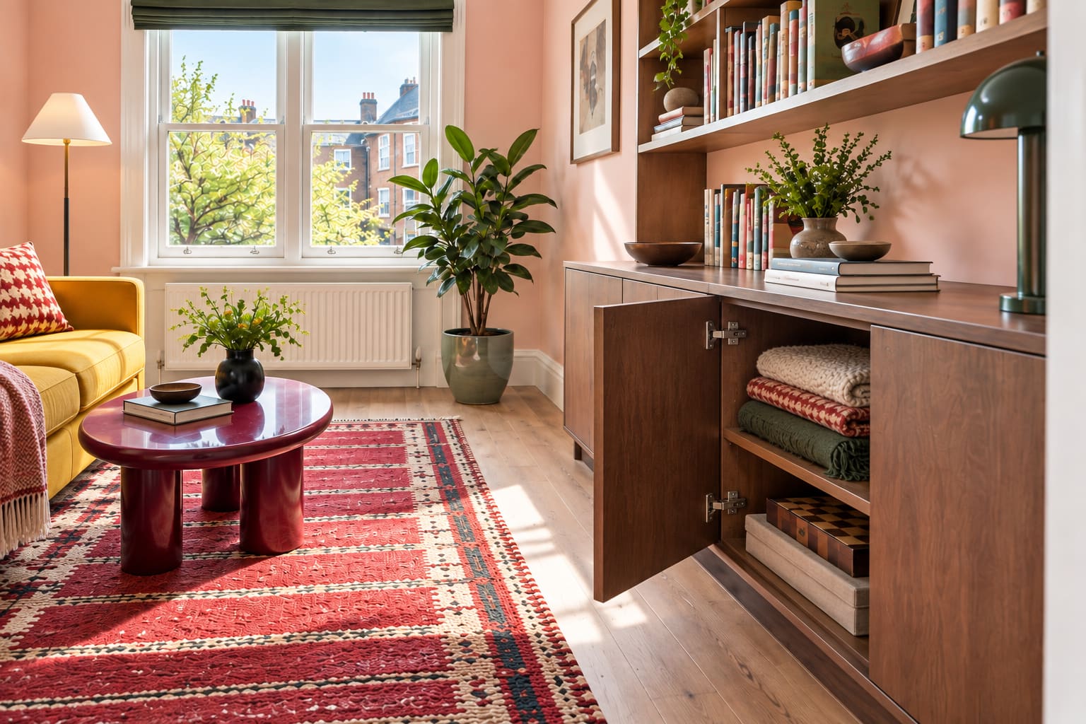 Shallow walnut storage with an open lower cupboard beside the route through a compact, colourful sitting room.